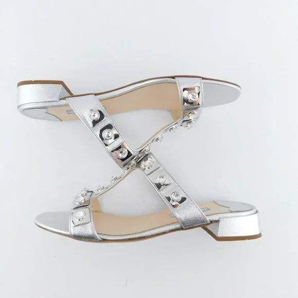PRADA Crystal Embellished Silver Saffiano T-Strap Block Heel Slide Sandals 37.5 - Picture 7 of 10